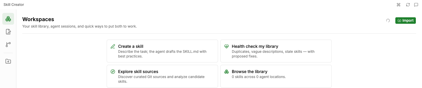 Skill Creator Workspaces home screen